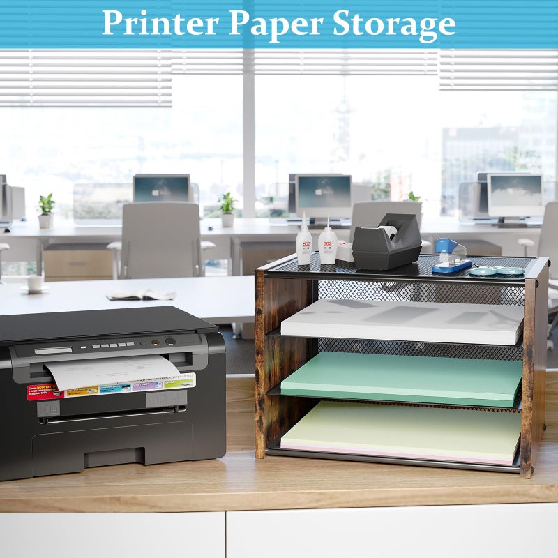 DAOUTIME 3-Tier Paper Organizer Letter Tray Wood Desk File Organizer، Metal Mesh Desk Organizer لتخزين ورق الطابعة A4. صواني ورقية صغيرة للمنزل والمكتب والمدرسة باللون البني الريفي - Image 2